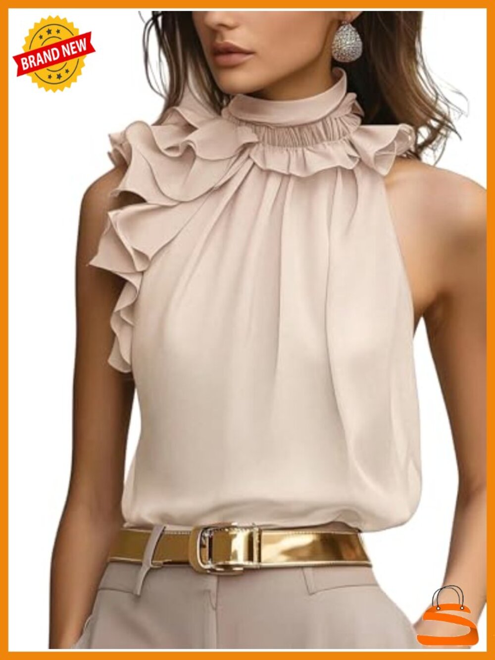 Elegant Blouse Ruffle Trim Sleeveless Mock Neck Halter Tank Top Office Outfit